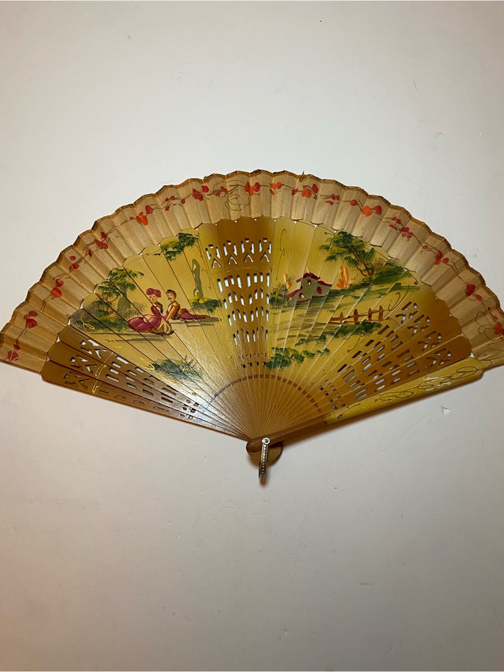 Vintage Hand Painted Wooden Oriental Decorative Folding Fan